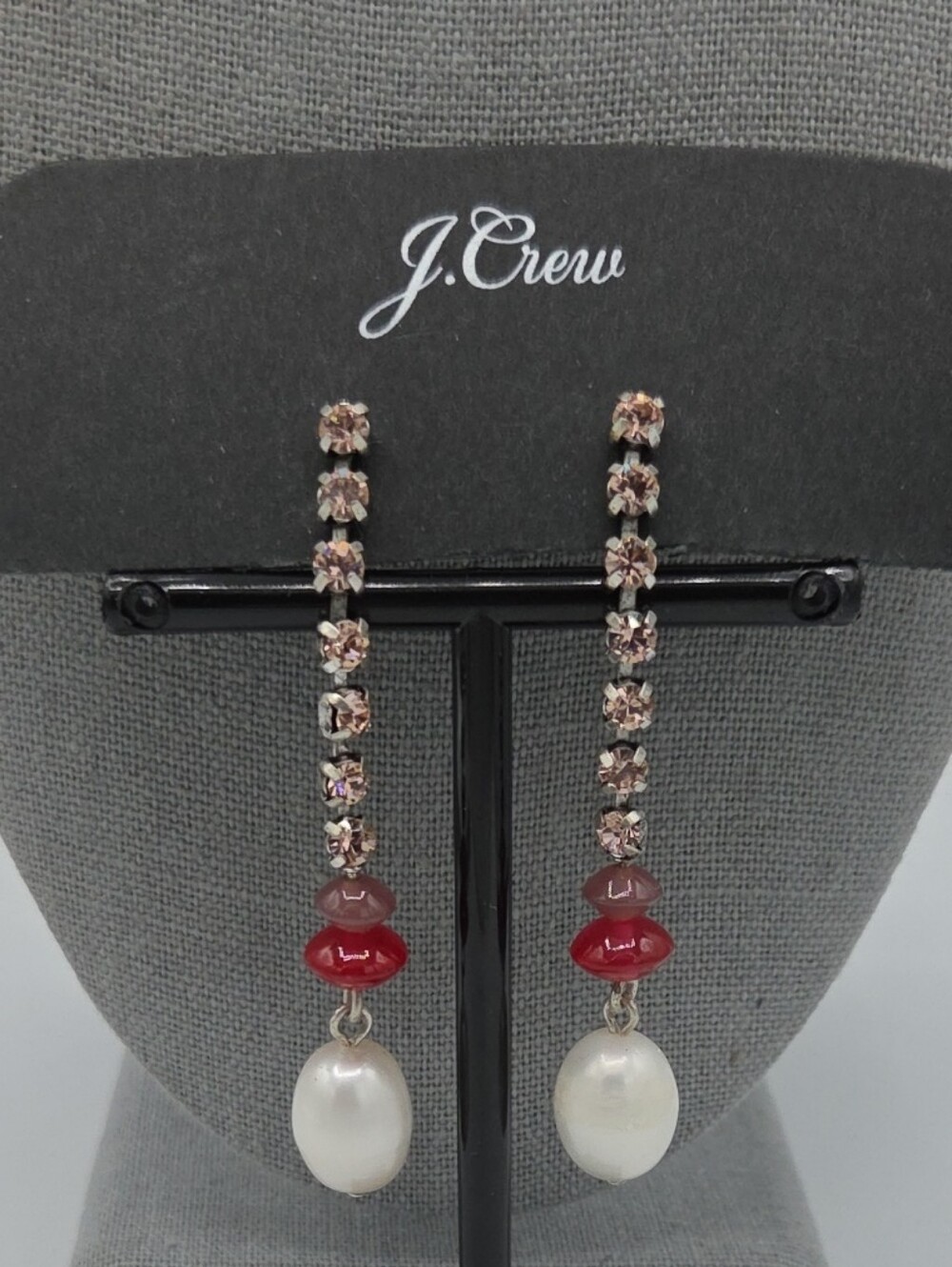 5 for $25! J. Crew Red Bead and Pearl Drop Earrings with Crystal Chain